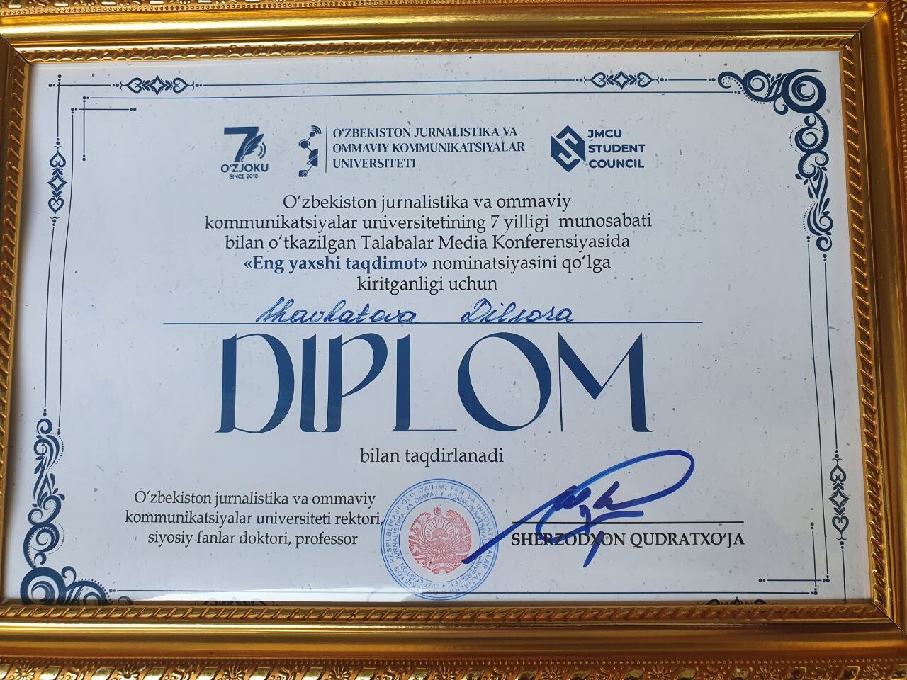 4-курс талабаси Талабалар Медиа конференциясида дипломни қўлга киритди