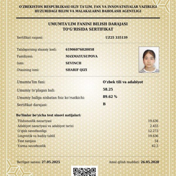 Samarqandlik oʻquvchi qiz kimyo, biologiya va ona tili fanlaridan milliy sertifikatga ega boʻldi