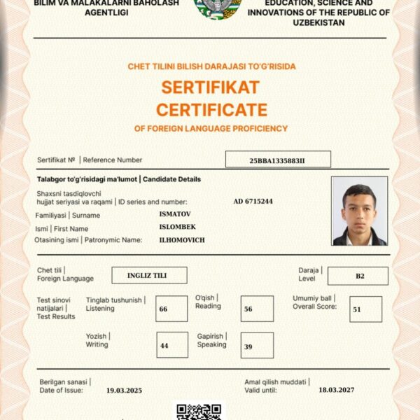 Qashqadaryoda yana bir oʻquvchi matematika, ona tili va ingliz tilidan milliy sertifikatga ega boʻldi
