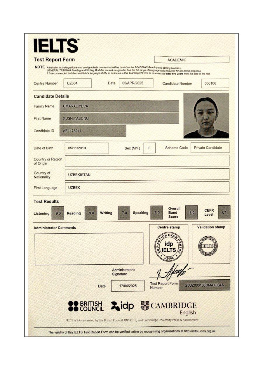 Qashqadaryoda 8-sinf oʻquvchi IELTS dan 8 ball oldi
