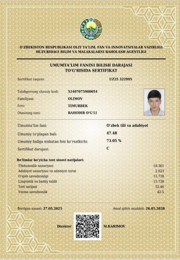 Namanganlik 11-sinf o‘quvchisi kimyo, biologiya va o‘zbek tili va adabiyoti fanlaridan milliy sertifikatlarni qo‘lga kiritdi