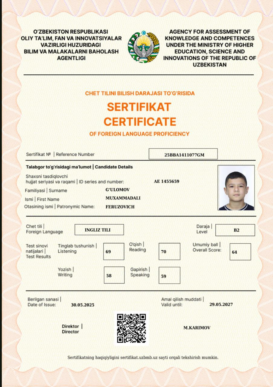 7-sinf o'quvchisi CEFR imtihonidan B2 darajani qo'lga kiritdi