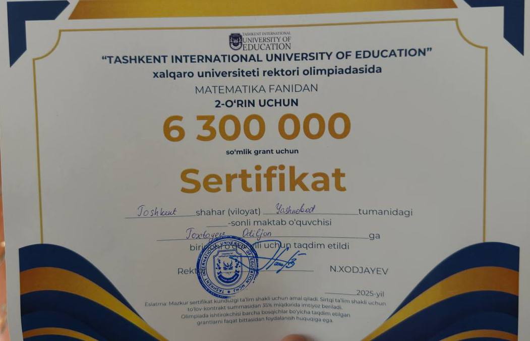 Битирувчи йигит математика ва инглиз тилидан сертификатларни қўлга киритди