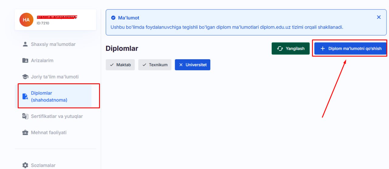 Magistraturaga hujjat topshirishda bakalavr diplomi nega chiqmayapti?