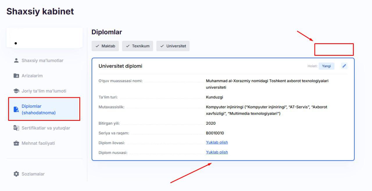 Magistraturaga hujjat topshirishda bakalavr diplomi nega chiqmayapti?