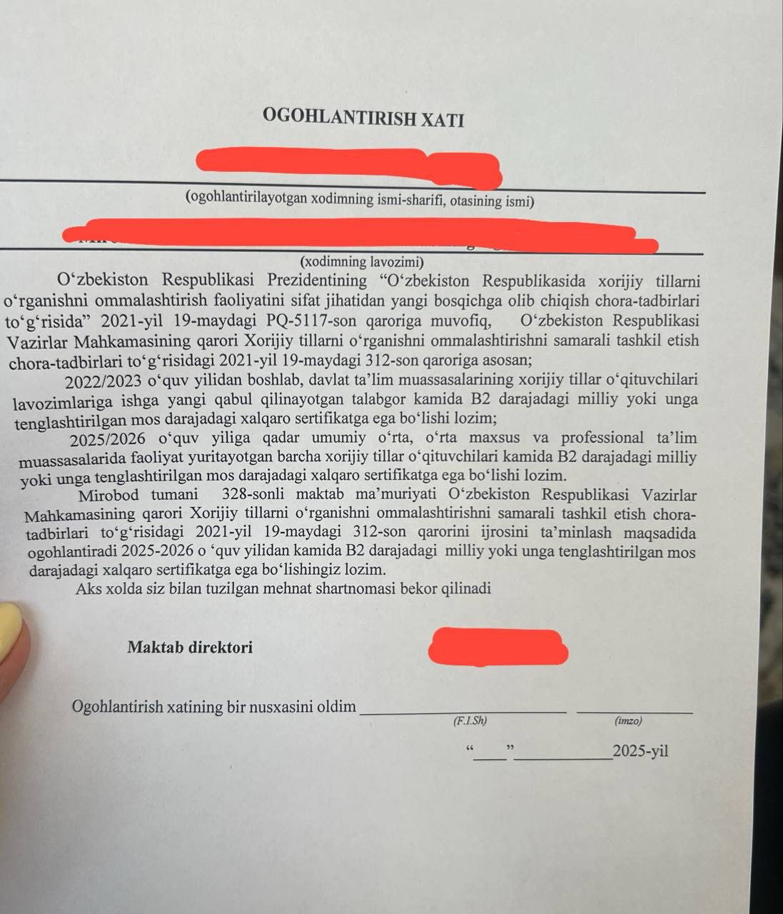 Sertifikatsiz chet tili o’qituvchilariga ogohlantirish berilmoqda