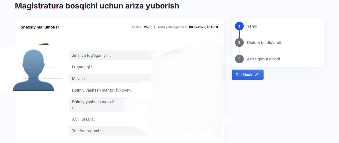 Magistratura bosqichiga yuborilgan arizalar qanday tahrirlanadi?