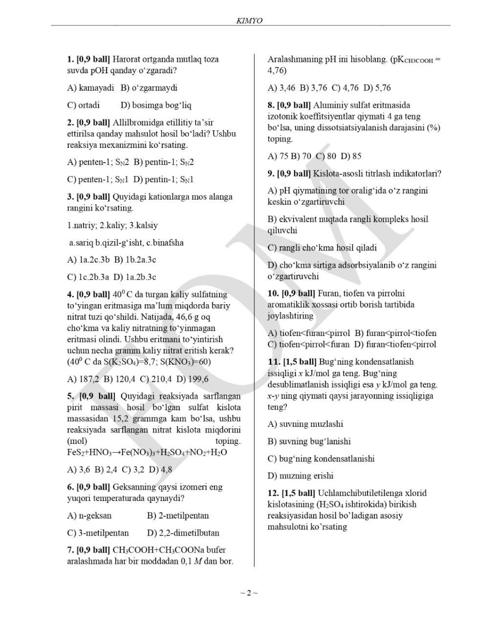 11-синфлар учун кимё фанидан асосий олимпиаданинг тест саволлари ва жавоблари эълон қилинди