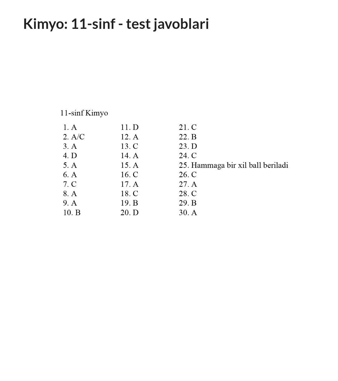 11-sinf kimyo fanidan asosiy olimpiadaning test savollari va javoblari e’lon qilindi