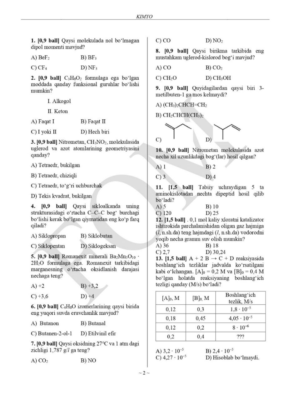 10-sinf kimyo fanidan olimpiadaning test savollari va javoblari e’lon qilindi