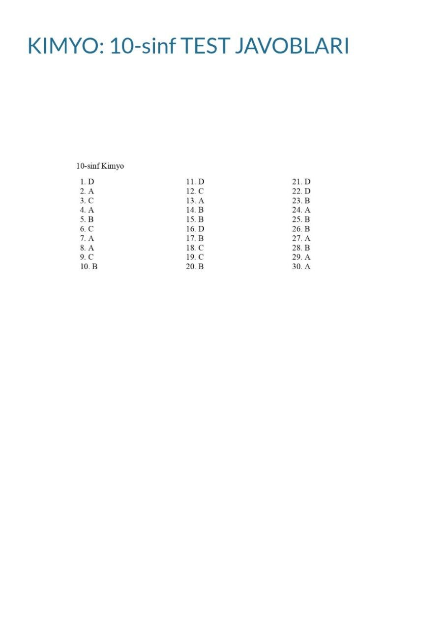 10-sinf kimyo fanidan olimpiadaning test savollari va javoblari e’lon qilindi