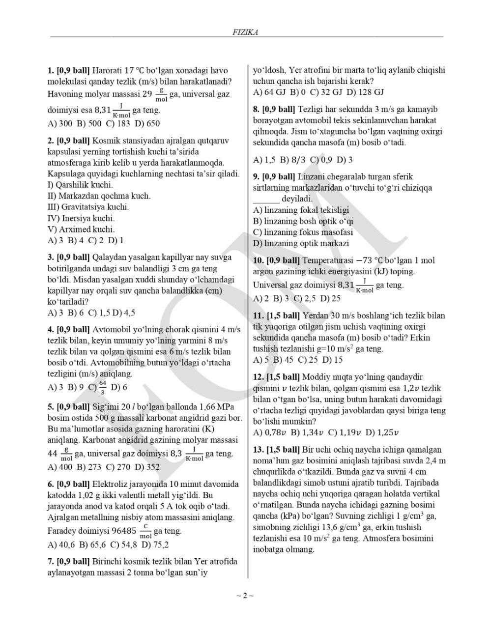 9-sinf fizika fanidan olimpiadaning tuman bosqichi test savollari e’lon qilindi