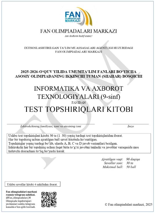 9-sinf informatika va axborot texnologiyalari fanidan olimpiada savollari e’lon qilindi
