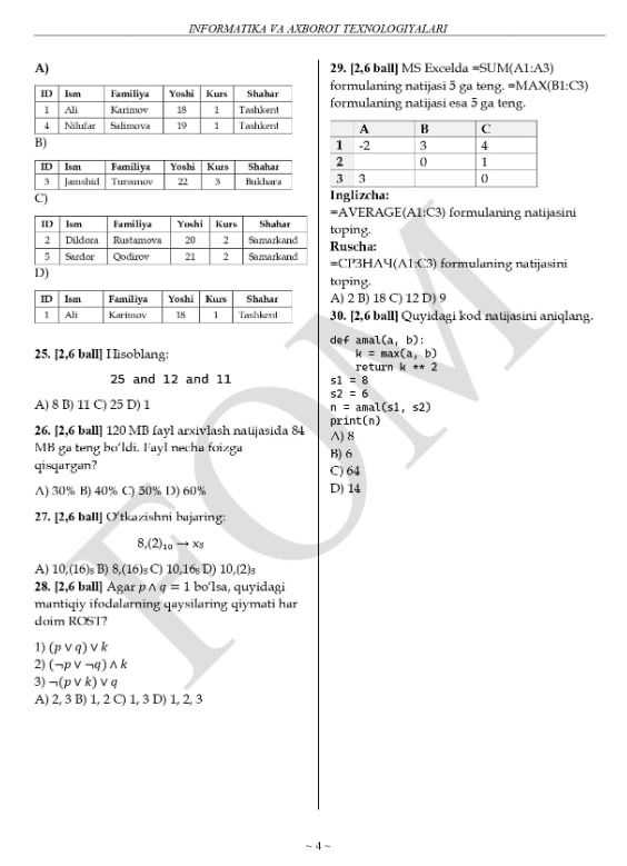 9-sinf informatika va axborot texnologiyalari fanidan olimpiada savollari e’lon qilindi
