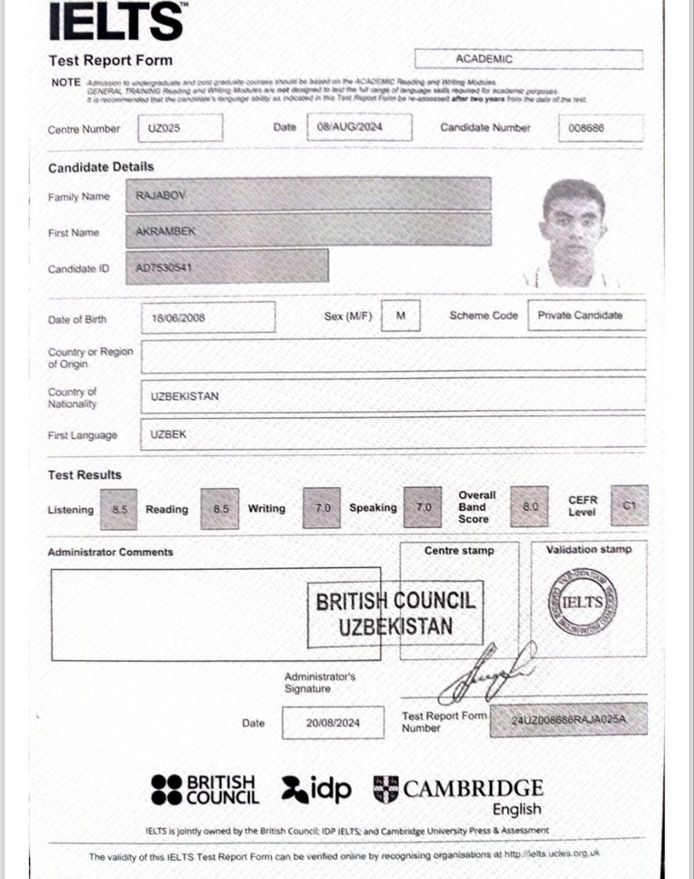 Buxorolik o’quvchi Xalqaro IELTS imtihonida 8, SAT imtihonida 1550 ballni qayd etdi