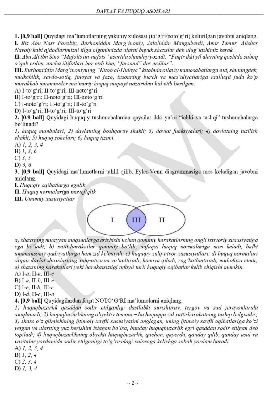 9-sinflar uchun rus tili va huquq asoslari fanlaridan asosiy olimpiadaning test savollari e'lon qilindi