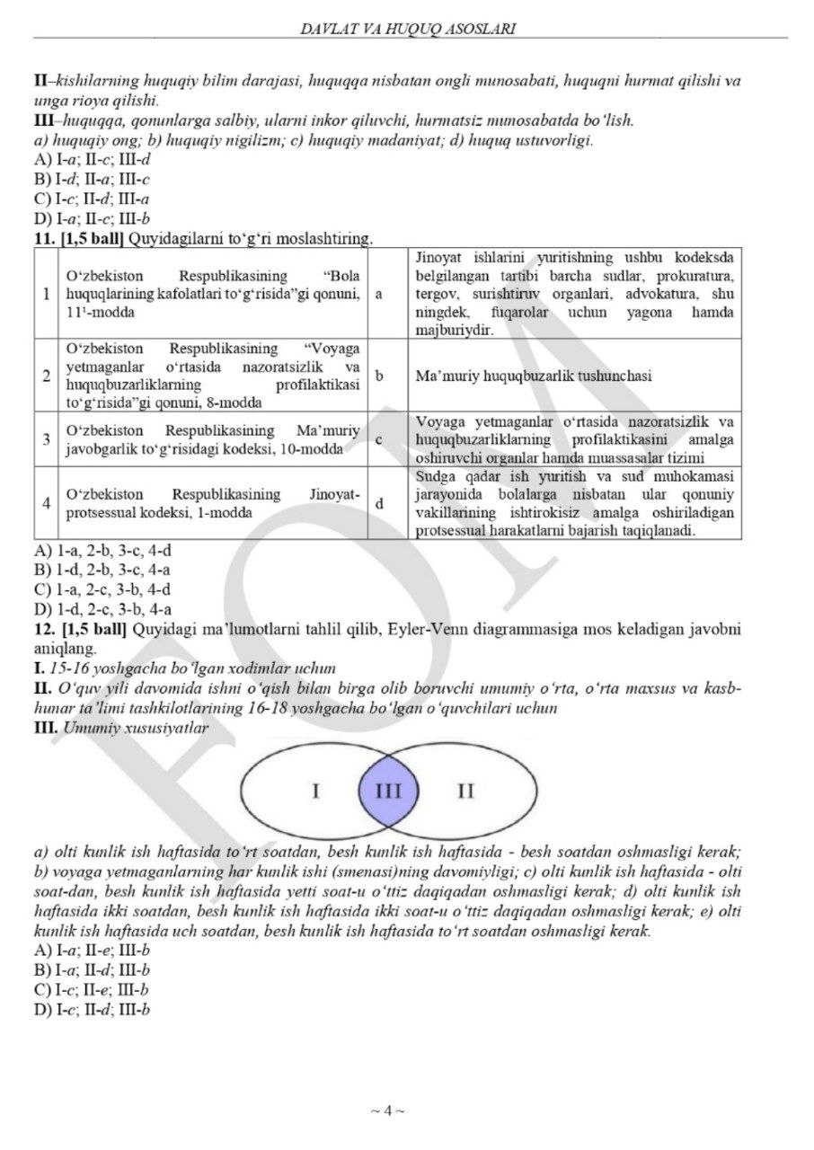 9-sinflar uchun rus tili va huquq asoslari fanlaridan asosiy olimpiadaning test savollari e'lon qilindi