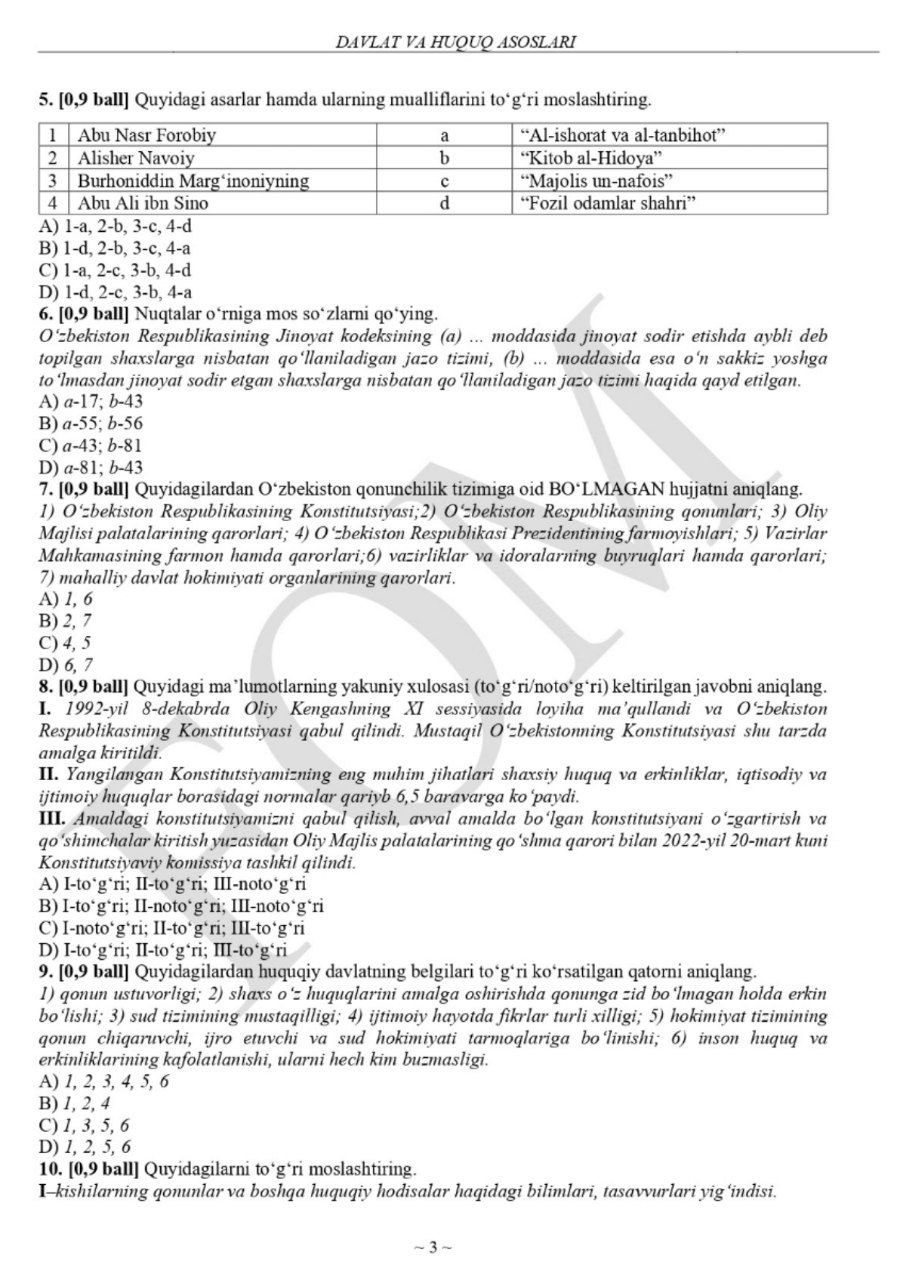 9-sinflar uchun rus tili va huquq asoslari fanlaridan asosiy olimpiadaning test savollari e'lon qilindi