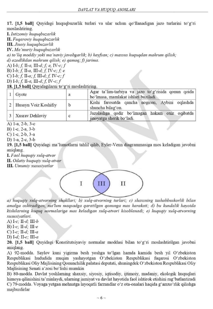 9-sinflar uchun rus tili va huquq asoslari fanlaridan asosiy olimpiadaning test savollari e'lon qilindi