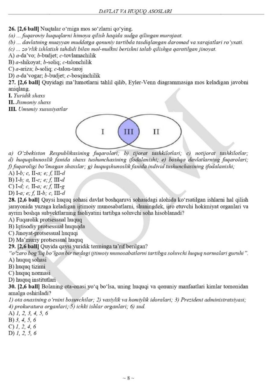 9-sinflar uchun rus tili va huquq asoslari fanlaridan asosiy olimpiadaning test savollari e'lon qilindi