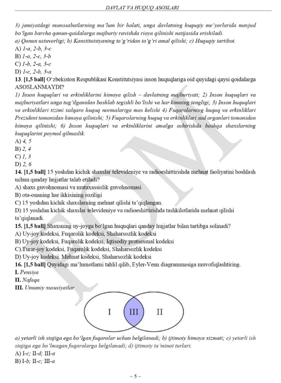 10-sinf rus tili va huquq asoslari fanlaridan asosiy olimpiadaning test savollari va javoblari e’lon qilindi