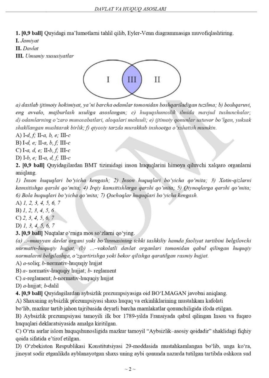 10-sinf rus tili va huquq asoslari fanlaridan asosiy olimpiadaning test savollari va javoblari e’lon qilindi