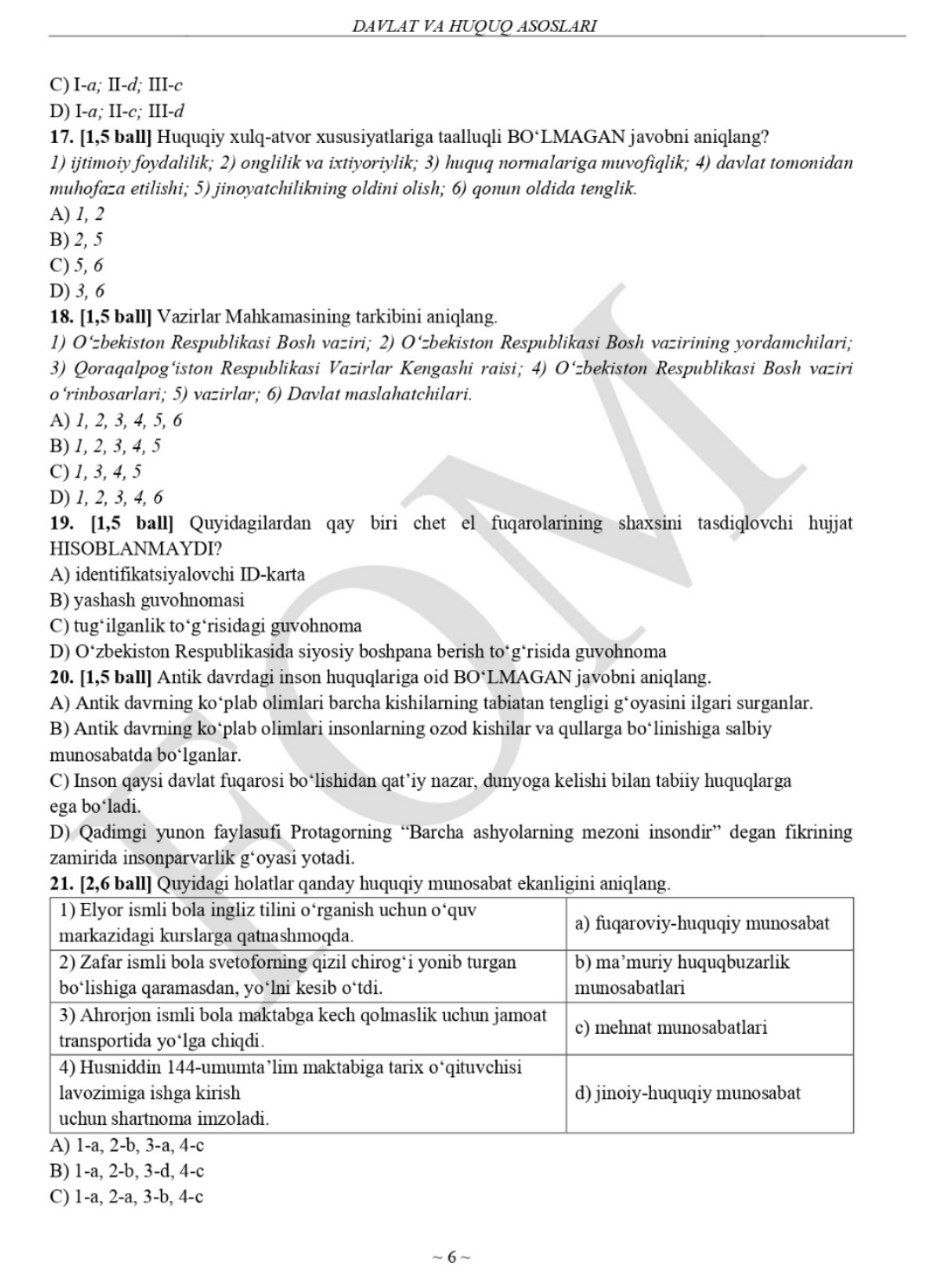 10-sinf rus tili va huquq asoslari fanlaridan asosiy olimpiadaning test savollari va javoblari e’lon qilindi