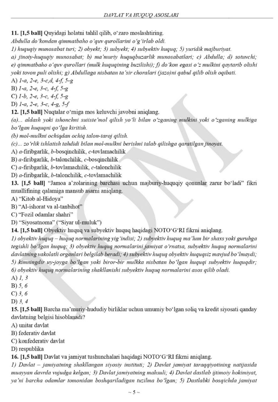 11-sinflar uchun rus tili va huquq asoslari fanlaridan olimpiadaning tuman bosqichi test savollari e’lon qilindi