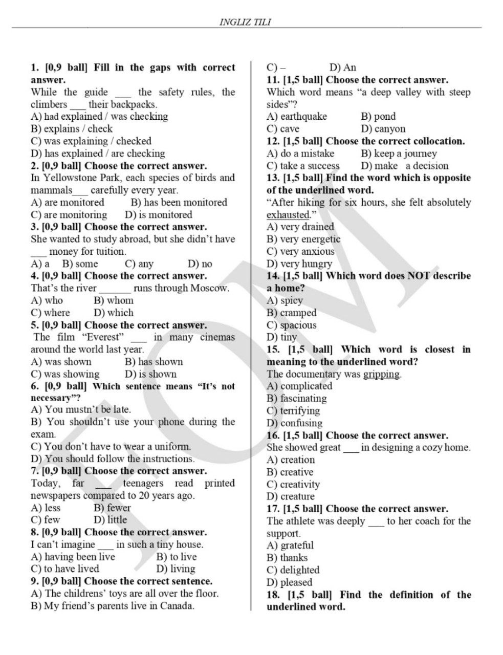 9-sinf ingliz, fransuz, nemis va tojik tillari fanlaridan olimpiadaning tuman bosqichi test savollari e’lon qilindi