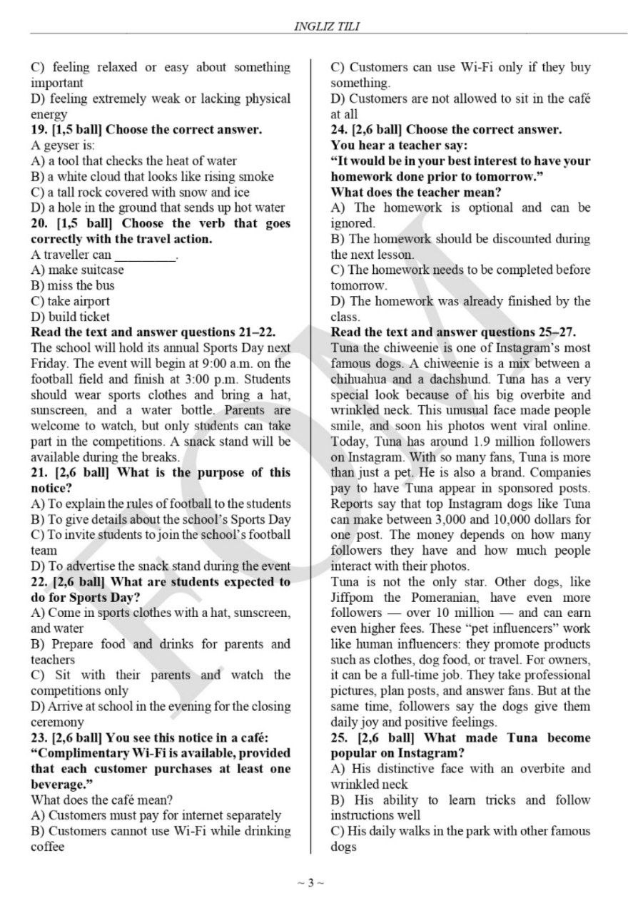 9-sinf ingliz, fransuz, nemis va tojik tillari fanlaridan olimpiadaning tuman bosqichi test savollari e’lon qilindi