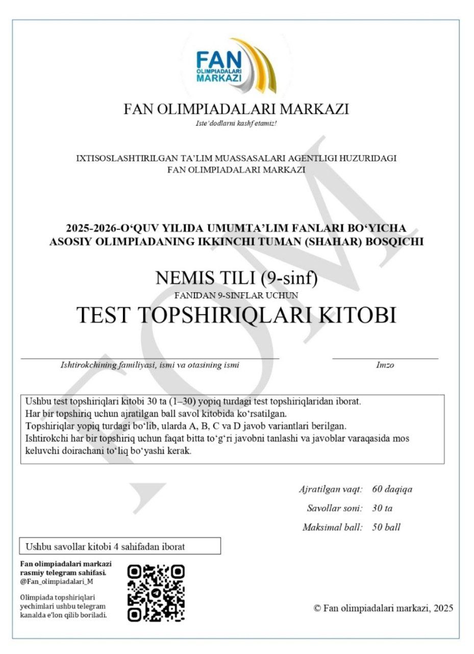 9-sinf ingliz, fransuz, nemis va tojik tillari fanlaridan olimpiadaning tuman bosqichi test savollari e’lon qilindi