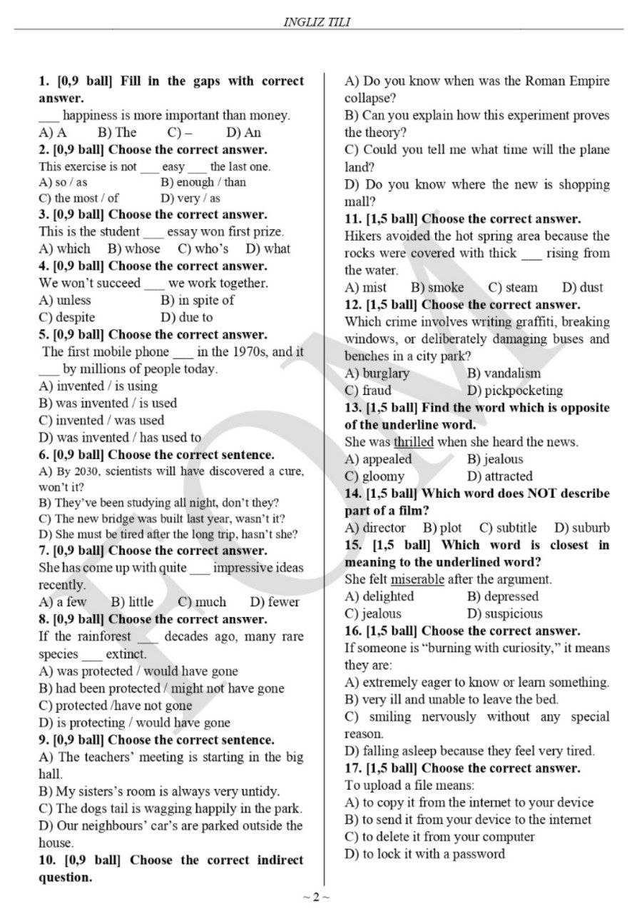 10-sinf ingliz, fransuz, nemis va tojik tillari fanlaridan olimpiadaning 2-bosqich test savollari e’lon qilindi