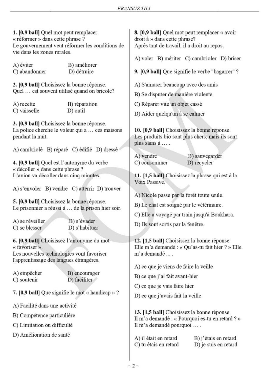 10-sinf ingliz, fransuz, nemis va tojik tillari fanlaridan olimpiadaning 2-bosqich test savollari e’lon qilindi