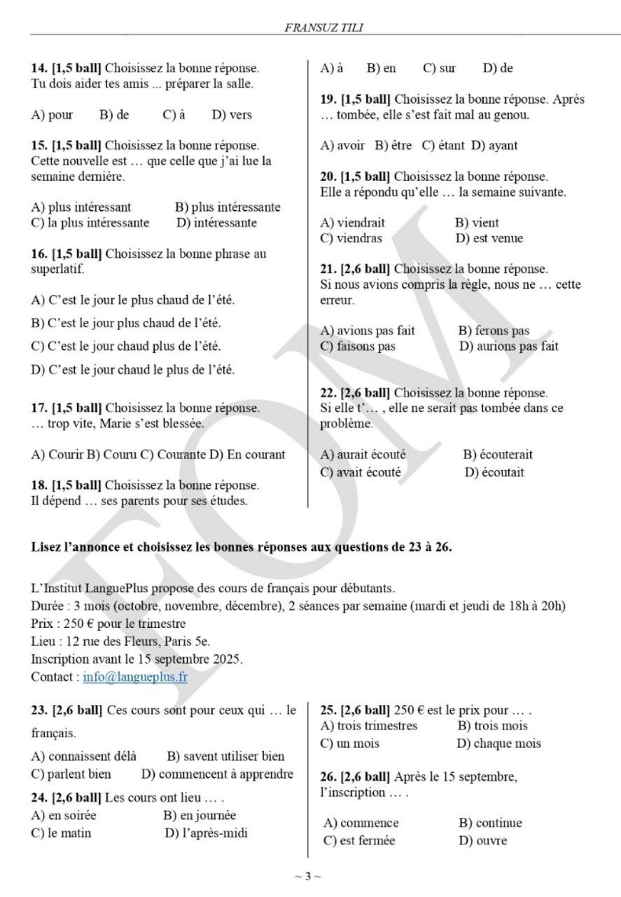 10-sinf ingliz, fransuz, nemis va tojik tillari fanlaridan olimpiadaning 2-bosqich test savollari e’lon qilindi