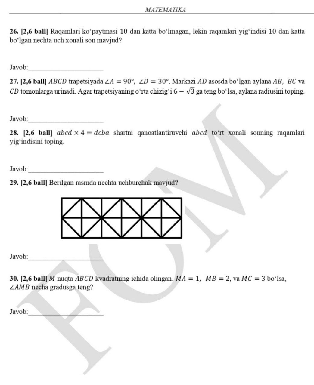 9-sinf matematikadan asosiy olimpiadaning 2-bosqich test savollari e’lon qilindi