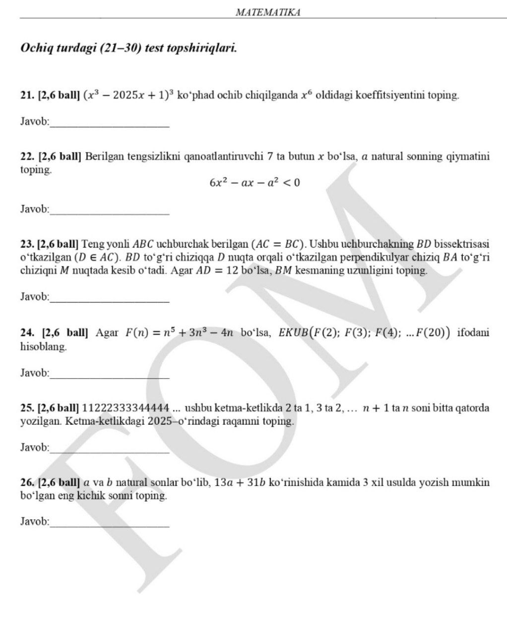 10-sinf matematikadan asosiy olimpiadaning 2-bosqich test savollari va javoblari e’lon qilindi