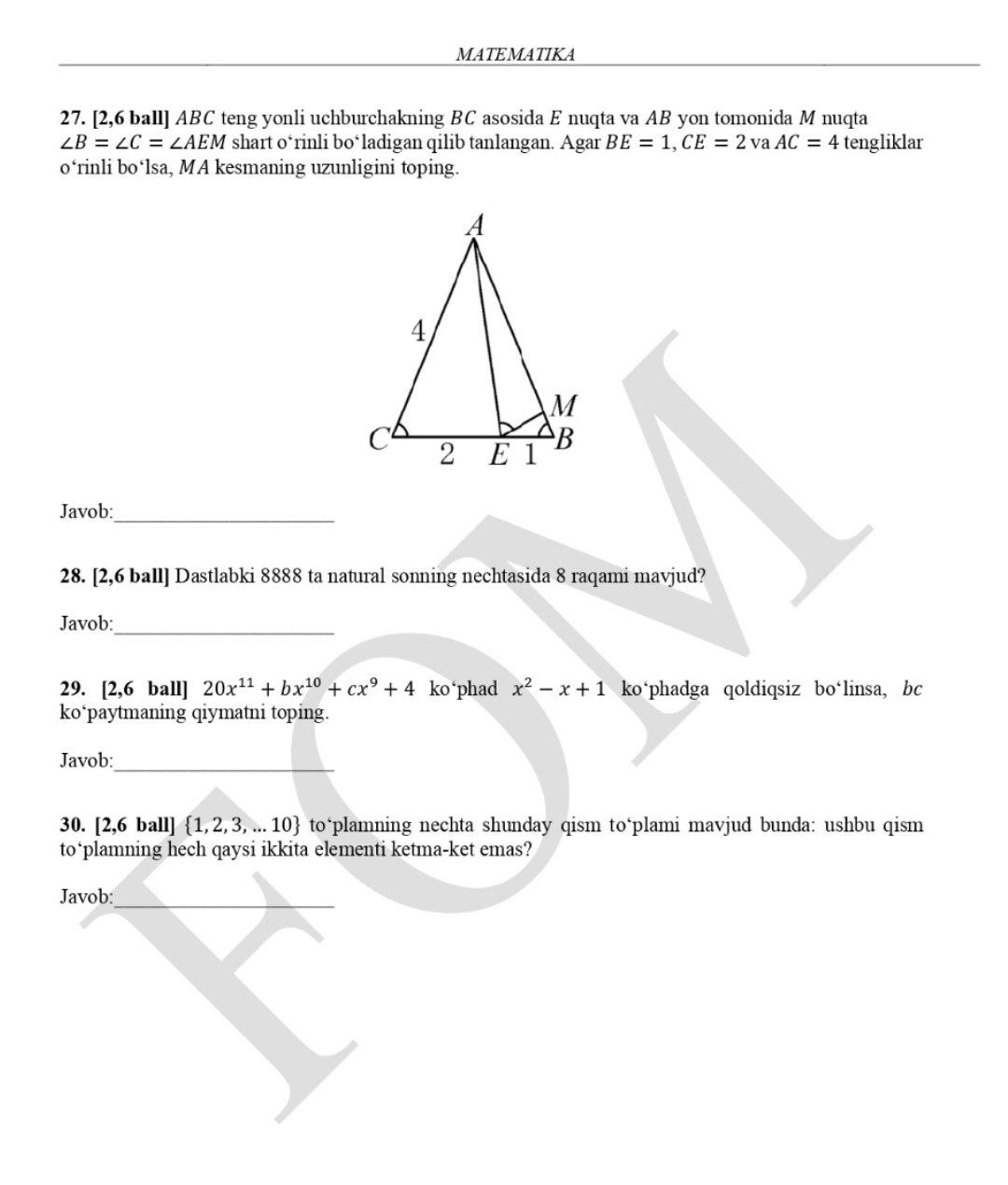 10-sinf matematikadan asosiy olimpiadaning 2-bosqich test savollari va javoblari e’lon qilindi