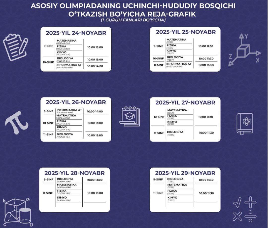 Asosiy olimpiadaning uchinchi - hududiy bosqichini o‘tkazish bo‘yicha reja-grafigi tasdiqlandi