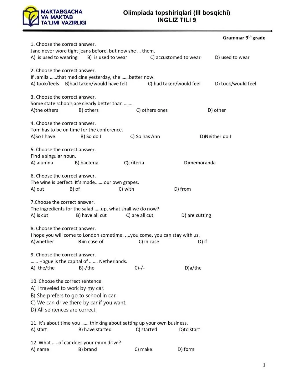2024 йилги асосий олимпиаданинг ҳудудий босқичи инглиз тилидан 9-синфлар учун топшириқлар тўплами