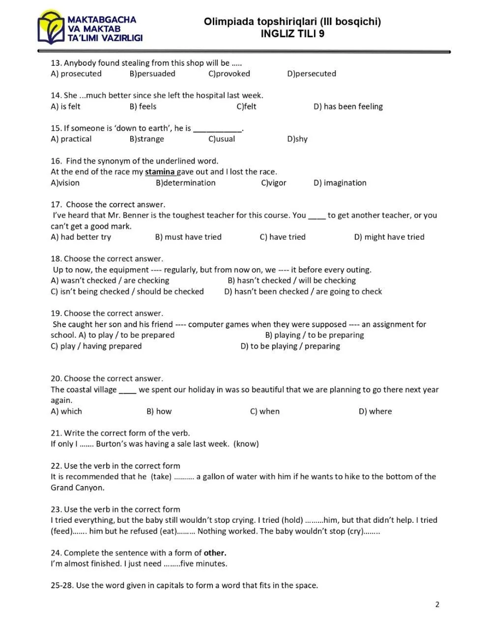 2024 йилги асосий олимпиаданинг ҳудудий босқичи инглиз тилидан 9-синфлар учун топшириқлар тўплами