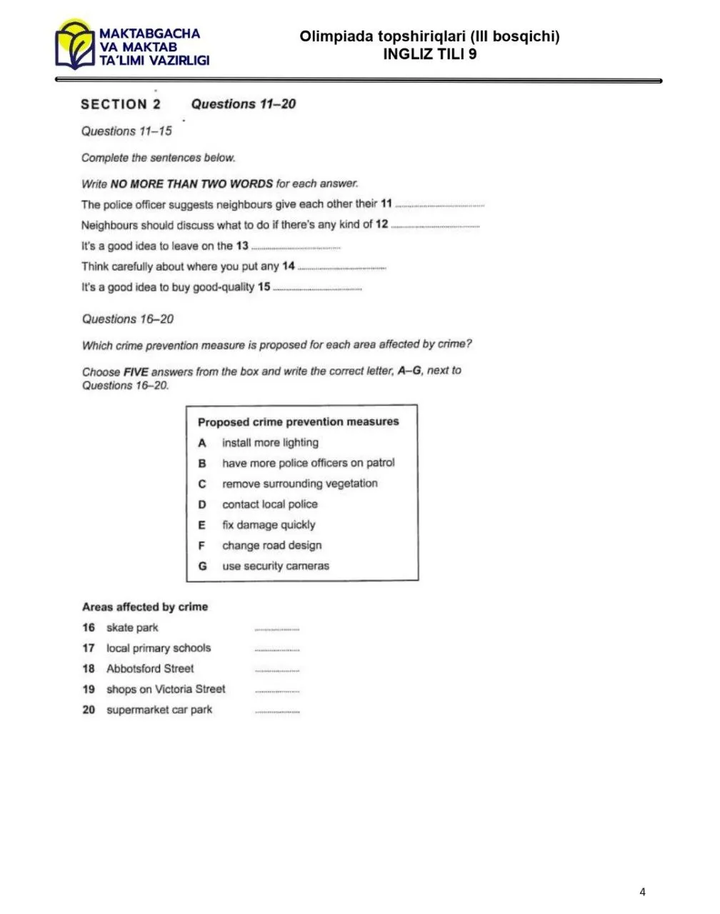 2024 йилги асосий олимпиаданинг ҳудудий босқичи инглиз тилидан 9-синфлар учун топшириқлар тўплами