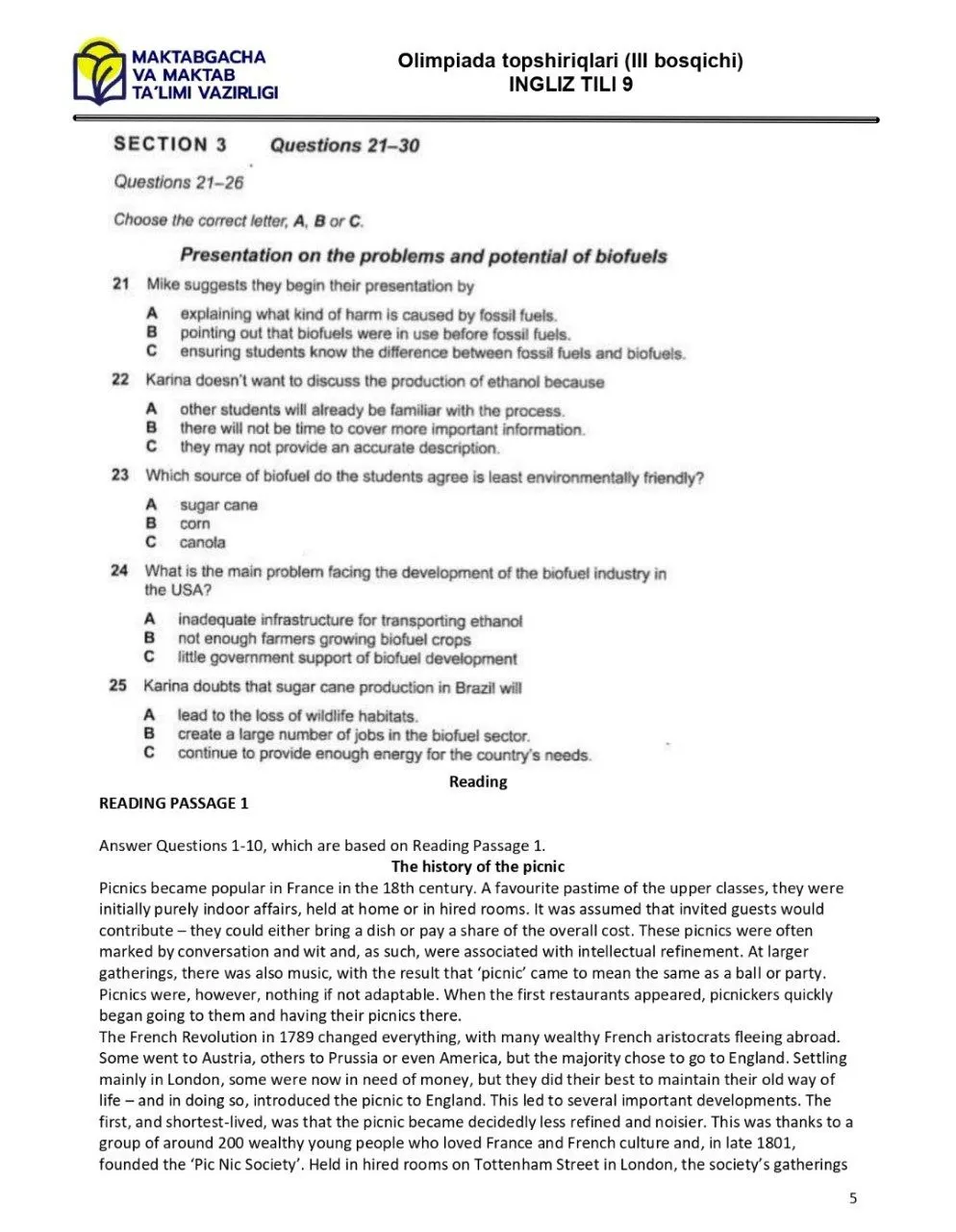 2024 йилги асосий олимпиаданинг ҳудудий босқичи инглиз тилидан 9-синфлар учун топшириқлар тўплами