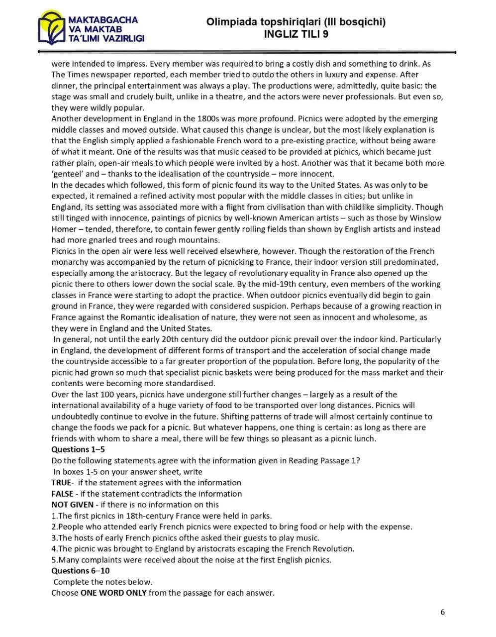 2024 йилги асосий олимпиаданинг ҳудудий босқичи инглиз тилидан 9-синфлар учун топшириқлар тўплами