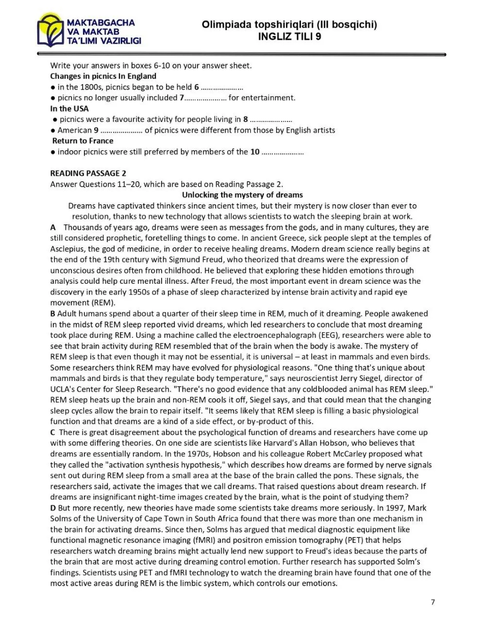 2024 йилги асосий олимпиаданинг ҳудудий босқичи инглиз тилидан 9-синфлар учун топшириқлар тўплами