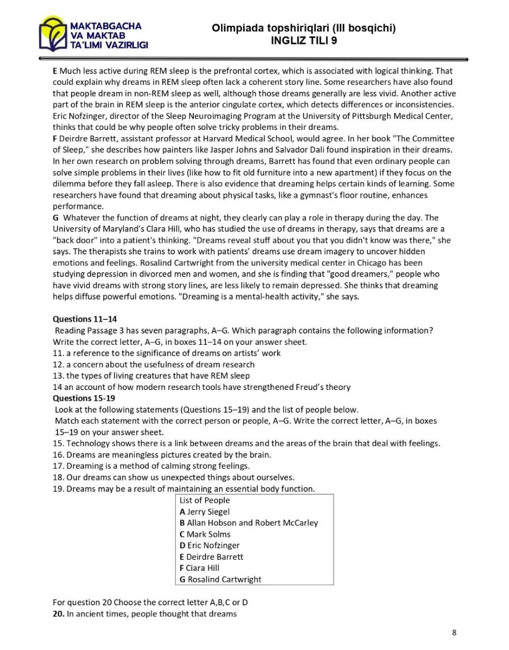 2024 йилги асосий олимпиаданинг ҳудудий босқичи инглиз тилидан 9-синфлар учун топшириқлар тўплами