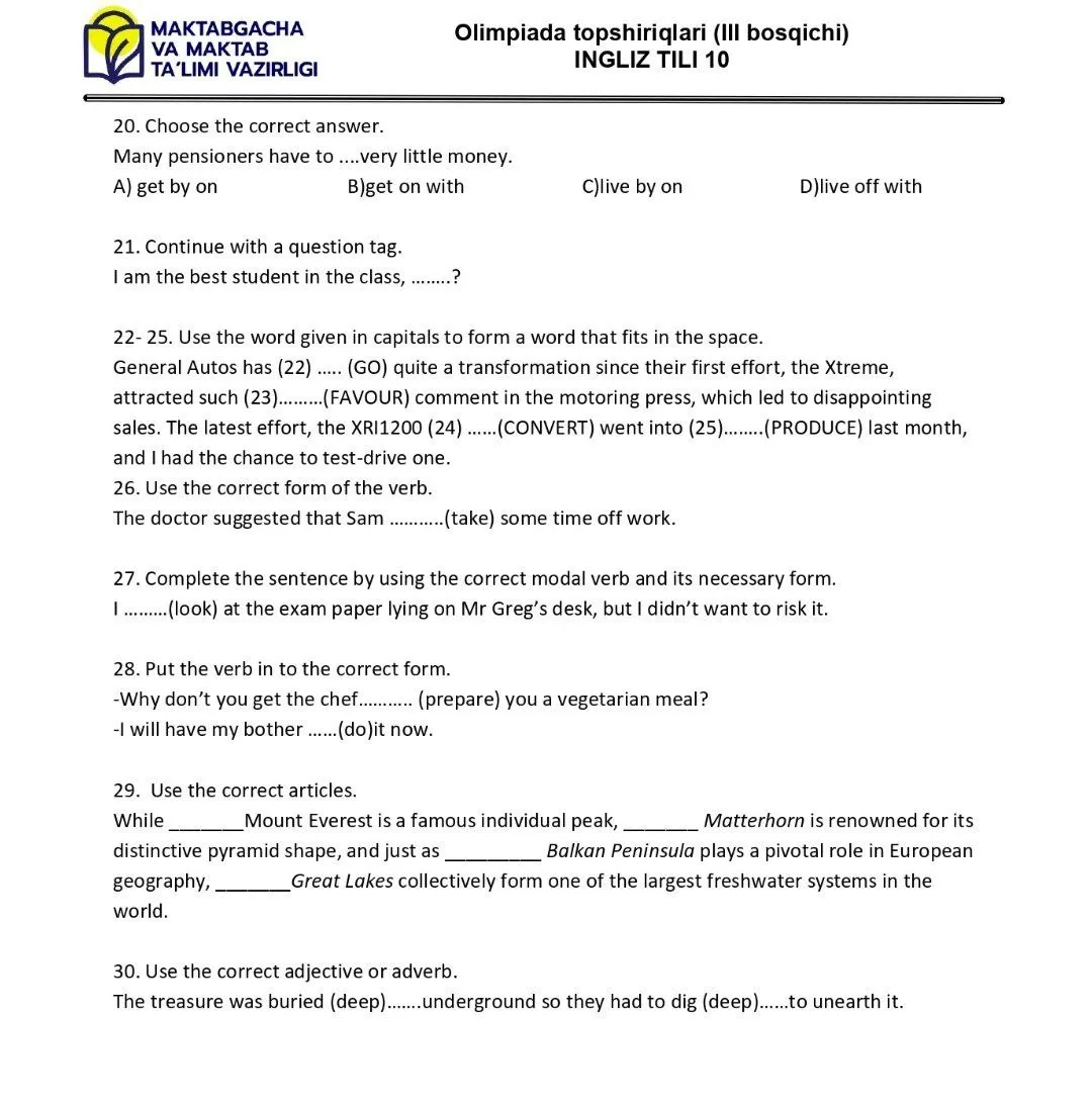 2024 йилги асосий олимпиаданинг ҳудудий босқичи инглиз тилидан 9-синфлар учун топшириқлар тўплами