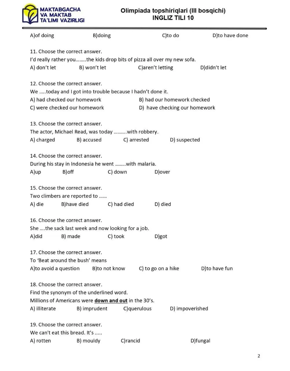 2024 йилги асосий олимпиаданинг ҳудудий босқичи инглиз тилидан 9-синфлар учун топшириқлар тўплами