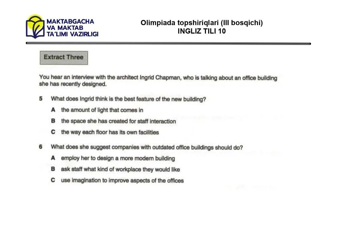 2024 йилги асосий олимпиаданинг ҳудудий босқичи инглиз тилидан 9-синфлар учун топшириқлар тўплами