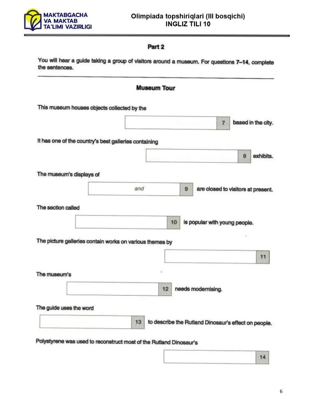 2024 йилги асосий олимпиаданинг ҳудудий босқичи инглиз тилидан 9-синфлар учун топшириқлар тўплами