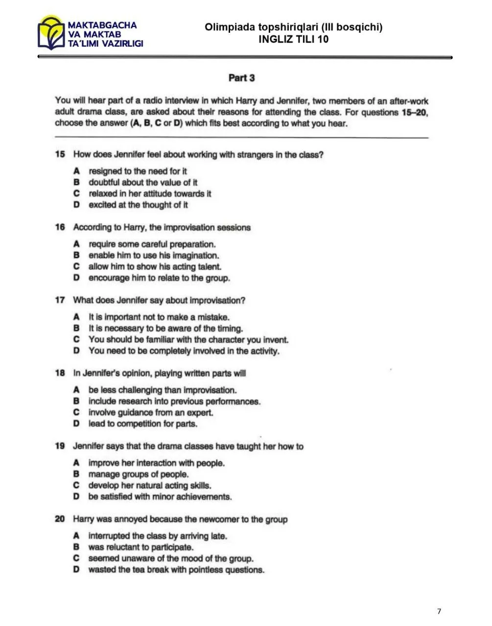 2024 йилги асосий олимпиаданинг ҳудудий босқичи инглиз тилидан 9-синфлар учун топшириқлар тўплами